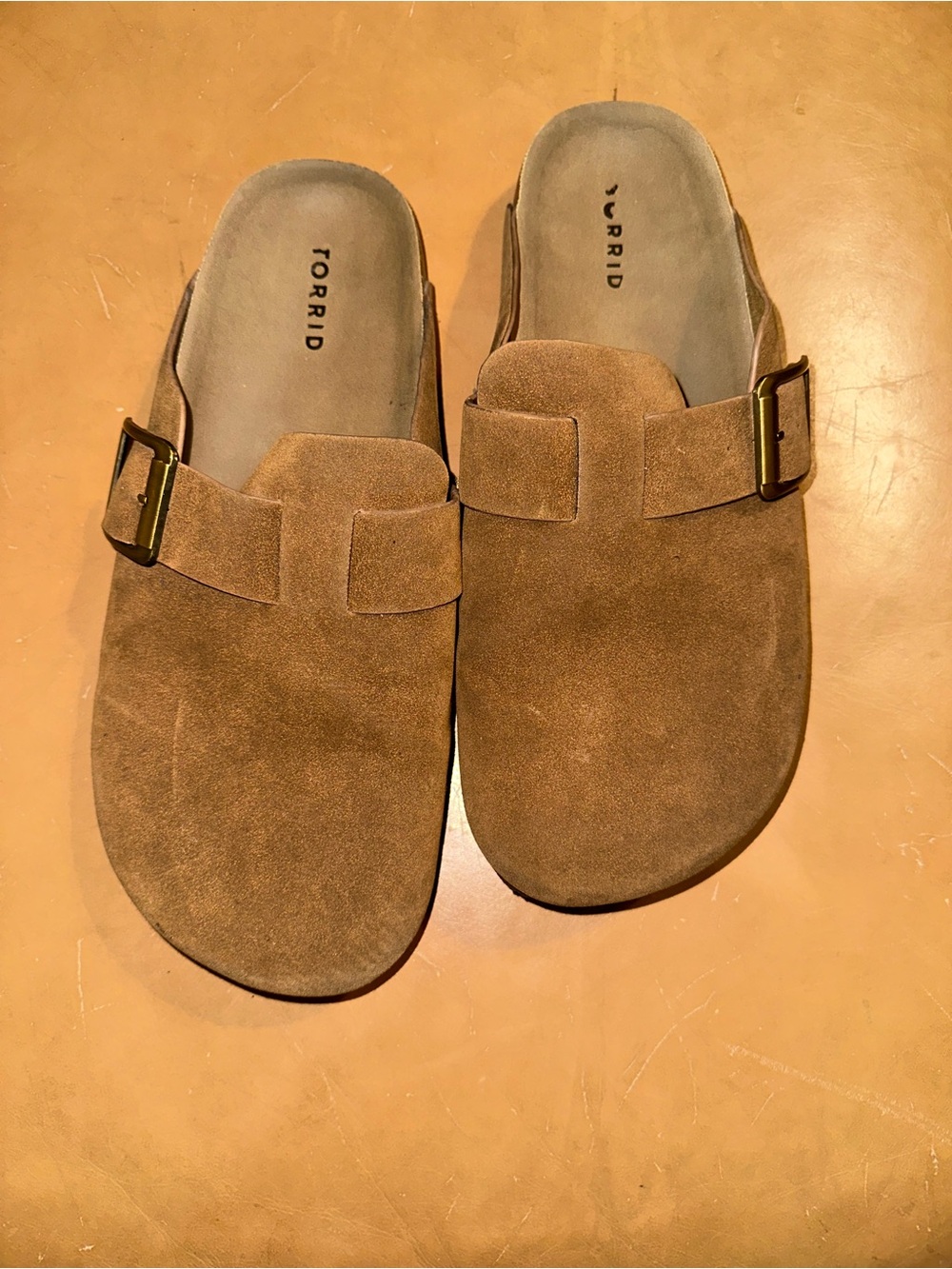torrid Women’s Suede Slip-On Clog in Tan Brown with Gold Buckle